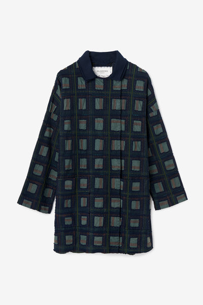 The Tarian Coat with hand-sewn plaid pattern in navy