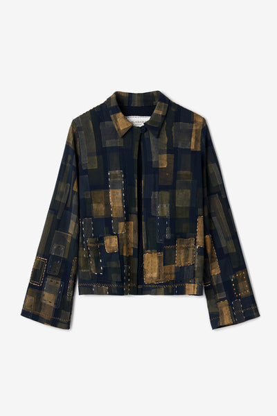 The Silva Jacket, an open front jacket with slightly flared sleeves, front pockets, and hand-painted geometric design with beading in Gold and Navy. 