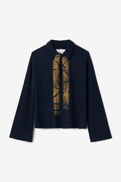 The Solis Jacket, open-front jacket in Navy with gold painted appliqué on center front.
