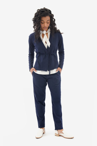 Model wearing the Jogger in Navy along with the Clover Top in Natural.