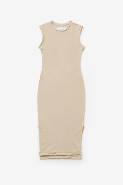 The Rib Crew Dress in Wax, sleeveless version.
