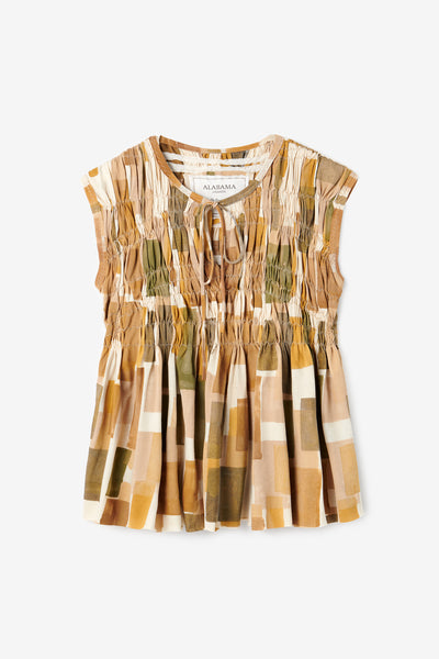 The Halcyon Top with painted geometric design and shirred bodice.