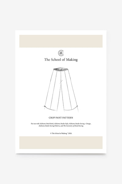 Pattern paper for a crop pant with 'The School of Making' branding on a white background.