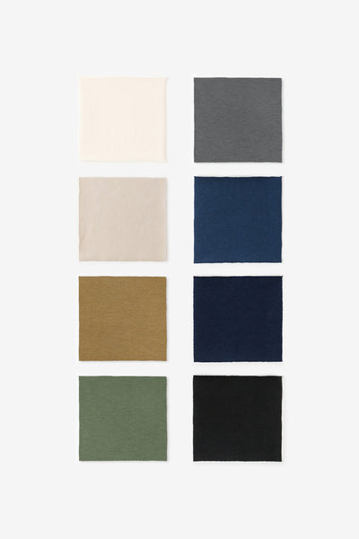 Fabric color swatches in natural, wax, ochre, verdant, charcoal, peacock, navy, and black.
