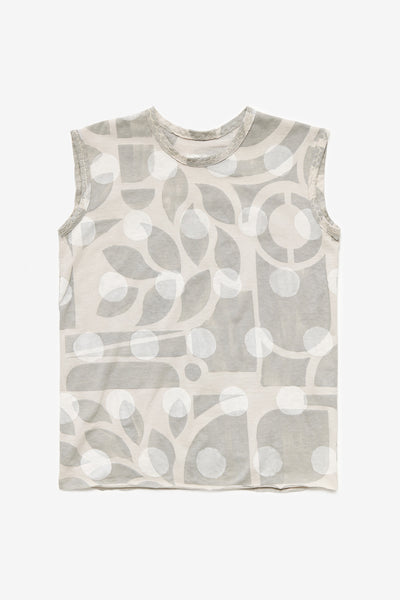 Sleeveless top with abstract pattern on a white background