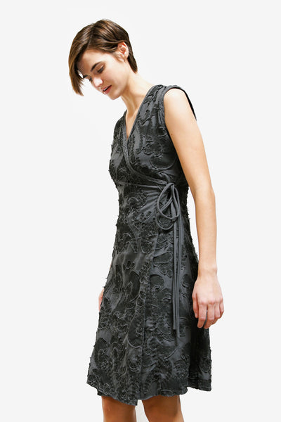 Model wearing the Wrap Dress with Aurora design in Charcoal.